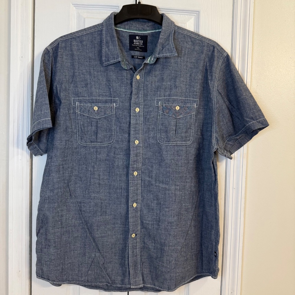 ✨Nautica Jeans Co. Chambray‎ Shirt Short Sleeve Button Up Casual XXL